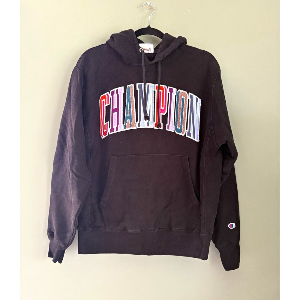 Champion Reverse Weave Men's M Black Pullover Fleece Hoodie Graphic Logo Pockets